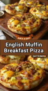 recipe image of English muffins eggs breakfast sausage cheddar cheese milk flour butter salt pepper bacon pepperoni green onions chives bell peppers mozzarella on a white marble kitchen counter with clear glass bowls and rustic brown wooden kitchen sets under soft diffuse daylight