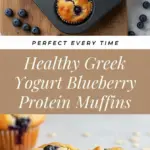 recipe image of fresh greek yogurt blueberries protein powder flour eggs butter sugar milk baking powder oats cinnamon vanilla orange juice nuts whole wheat flour coconut oil almond milk frozen blueberries arranged on a white marble kitchen counter with healthy clear glass bowls and rustic brown wooden kitchen sets under soft diffuse daylight