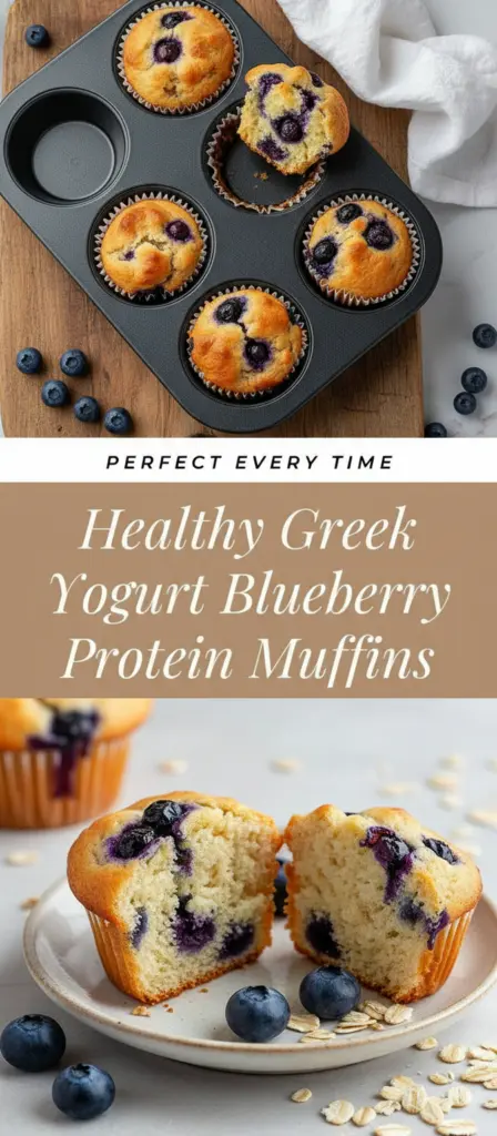recipe image of fresh greek yogurt blueberries protein powder flour eggs butter sugar milk baking powder oats cinnamon vanilla orange juice nuts whole wheat flour coconut oil almond milk frozen blueberries arranged on a white marble kitchen counter with healthy clear glass bowls and rustic brown wooden kitchen sets under soft diffuse daylight