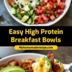 recipe image of realistic top down mise en place shot showing eggs greek yogurt cottage cheese bacon sausage ham hash browns sweet potatoes quinoa black beans avocado tomatoes green onions cilantro cheese spinach arranged on a white marble kitchen counter with healthy clear glass bowls and rustic brown wooden kitchen sets under soft diffuse daylight