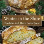 recipe image of realistic top down mise en place shot showing flour baking soda buttermilk cheddar cheese salt sugar baking powder pepper butter egg fresh parsley chives dill thyme rosemary sage garlic arranged on a white marble kitchen counter with healthy clear glass bowls and rustic brown wooden kitchen sets under soft diffuse daylight