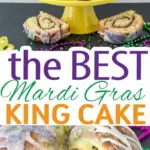 recipe image of flour yeast milk eggs butter sugar cinnamon brown sugar cream cheese powdered sugar vanilla lemon orange zest heavy cream nutmeg pecans sanding sugar purple green gold arranged on a white marble kitchen counter with healthy clear glass bowls and rustic brown wooden kitchen sets under soft diffuse daylight