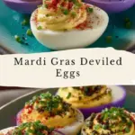 recipe image of top down shot fresh ingredients for mardi gras deviled eggs arranged on a white marble kitchen counter healthy clear glass bowls rustic brown wooden kitchen sets soft diffuse daylight eggs mayonnaise dijon mustard hot sauce cajun seasoning paprika fresh chives purple cabbage distilled vinegar granulated sugar kosher salt black pepper