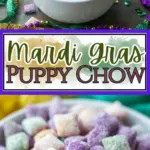 recipe image of rice chex cereal semisweet chocolate chips peanut butter powdered sugar butter vanilla extract white chocolate candy melts purple green yellow food coloring mms pretzels mini nilla wafers sprinkles cinnamon pastel candies plastic baby toy