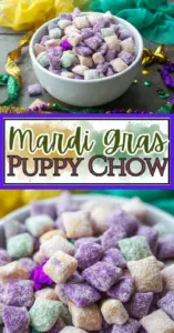 recipe image of rice chex cereal semisweet chocolate chips peanut butter powdered sugar butter vanilla extract white chocolate candy melts purple green yellow food coloring mms pretzels mini nilla wafers sprinkles cinnamon pastel candies plastic baby toy