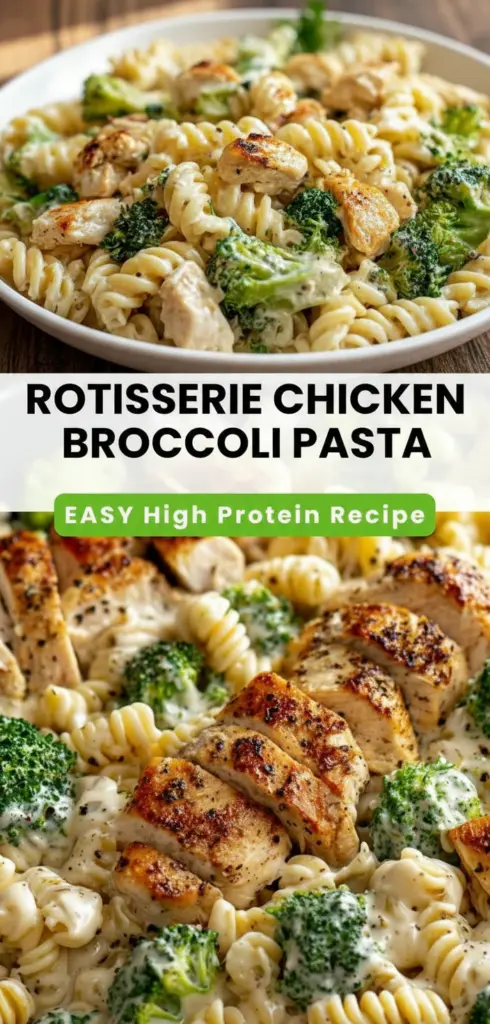 recipe image of a top down mise en place shot showing rotisserie chicken broccoli florets pasta whole wheat penne cavatelli garlic olive oil parmesan cheese onion red pepper flakes mushrooms spinach grape tomatoes arranged on a white marble kitchen counter with healthy clear glass bowls and rustic brown wooden kitchen sets under soft diffuse daylight