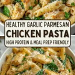 recipe image of a topdown mise en place shot with fresh chicken breast whole wheat penne pasta garlic cloves parmesan cheese olive oil chicken broth plain greek yogurt fresh spinach and parsley on a white marble kitchen counter with clear glass prep bowls and rustic brown wooden kitchen utensils under soft diffuse natural light