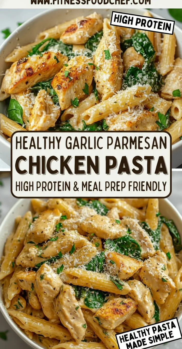 recipe image of a topdown mise en place shot with fresh chicken breast whole wheat penne pasta garlic cloves parmesan cheese olive oil chicken broth plain greek yogurt fresh spinach and parsley on a white marble kitchen counter with clear glass prep bowls and rustic brown wooden kitchen utensils under soft diffuse natural light