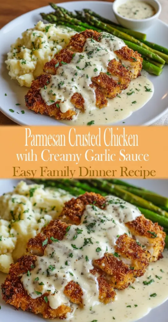 recipe image of chicken breasts parmesan cheese garlic heavy cream flour butter breadcrumbs salt pepper garlic powder onion powder italian seasoning parsley on a white marble kitchen counter with clear glass bowls and rustic brown wooden kitchen sets under soft diffuse daylight