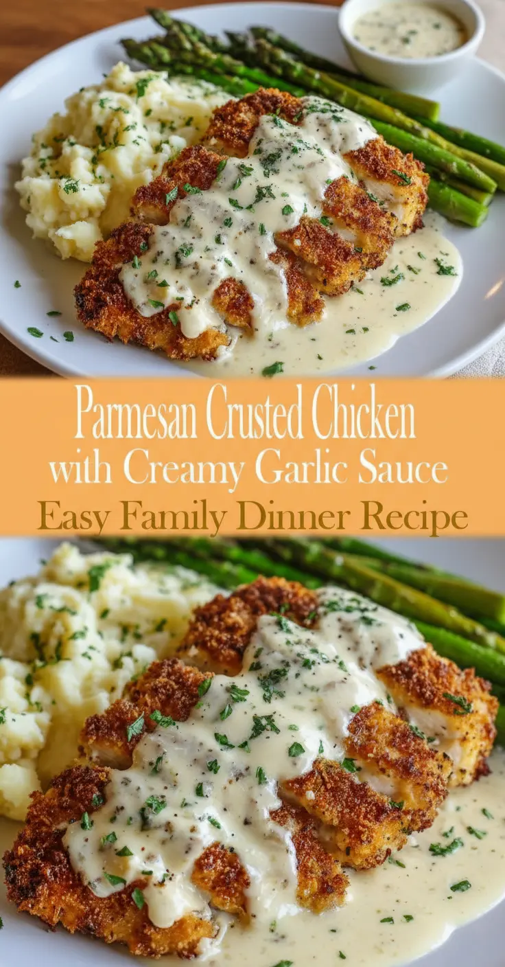 recipe image of chicken breasts parmesan cheese garlic heavy cream flour butter breadcrumbs salt pepper garlic powder onion powder italian seasoning parsley on a white marble kitchen counter with clear glass bowls and rustic brown wooden kitchen sets under soft diffuse daylight