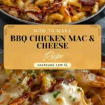 recipe image of Chicken breasts thighs elbow macaroni BBQ sauce cheddar cheese mozzarella butter flour milk evaporated milk garlic onion powder bacon panko breadcrumbs smoked gouda cilantro rotisserie chicken and gluten free pasta arranged on a white marble kitchen counter with healthy clear glass bowls and rustic brown wooden kitchen sets under soft diffuse daylight