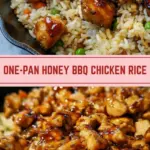 recipe image of chicken thighs or breasts long grain rice honey bbq sauce chicken broth onion garlic olive oil paprika salt pepper mixed vegetables cheese green onions parsley arranged on a white marble kitchen counter and a rustic brown wooden kitchen table under soft diffuse daylight