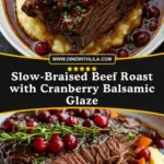 recipe image of a realistic top down mise en place shot showing the fresh ingredients beef chuck roast cranberries onions garlic beef broth balsamic vinegar brown sugar thyme carrots red wine molasses bay leaf arranged on a white marble kitchen counter with healthy clear glass bowls and rustic brown wooden kitchen sets under soft diffuse daylight