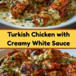recipe image of a top down mise en place shot showing boneless chicken yogurt tomato paste garlic paprika cumin oregano black pepper butter flour milk cheese vinegar cinnamon nutmeg chili flakes bell peppers arranged on a white marble kitchen counter with healthy clear glass bowls and rustic brown wooden kitchen sets under soft diffuse daylight