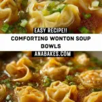 recipe image of wonton wrappers ground pork chicken broth ginger garlic soy sauce sesame oil green onions scallions shiitake mushrooms baby bok choy spinach shrimp arranged on a white marble kitchen counter with clear glass bowls and rustic wooden kitchen sets under soft diffuse daylight