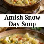 recipe image of potatoes onion carrots celery broth corn green beans diced tomatoes garlic ground beef sausage shredded chicken bacon heavy cream milk egg noodles peas fresh ingredients arranged on a white marble kitchen counter with healthy clear glass bowls and rustic brown wooden kitchen sets under soft diffuse daylight