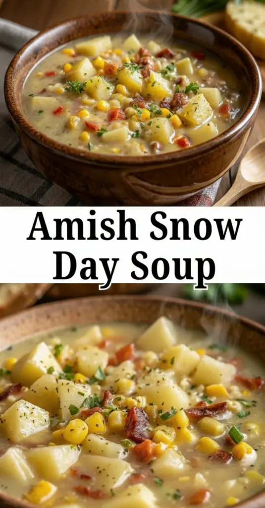 recipe image of potatoes onion carrots celery broth corn green beans diced tomatoes garlic ground beef sausage shredded chicken bacon heavy cream milk egg noodles peas fresh ingredients arranged on a white marble kitchen counter with healthy clear glass bowls and rustic brown wooden kitchen sets under soft diffuse daylight