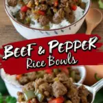 recipe image of realistic top down mise en place shot showing the fresh ingredients ground beef bell peppers red green yellow white rice brown rice jasmine rice yellow onion soy sauce garlic ginger sesame oil brown sugar rice vinegar hoisin sauce sriracha sauce green onions sesame seeds red pepper flakes butter broccoli zucchini cauliflower rice cornstarch beef broth honey gochujang coconut aminos apple cider vinegar arranged on a white marble kitchen counter with healthy clear glass bowls and rustic brown wooden kitchen sets under soft diffuse daylight