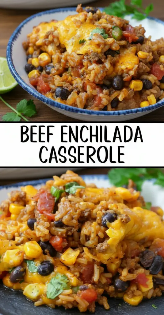 recipe image of a top down mise en place shot showing individual ingredients of ground beef corn tortillas enchilada sauce shredded cheddar cheese onion garlic diced green chiles pinto beans corn kernels rice salsa verde tomatoes black olives arranged on a white marble kitchen counter with healthy clear glass bowls and rustic brown wooden kitchen sets under soft diffuse daylight