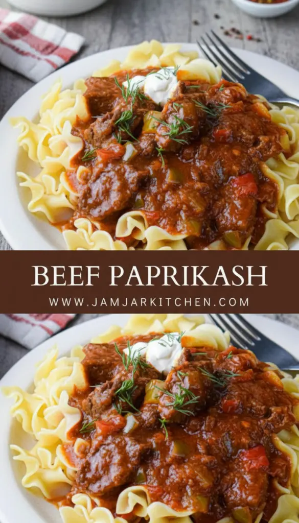 recipe image of beef chuck roast sweet hungarian paprika onions bell peppers garlic tomatoes beef broth sour cream bay leaf caraway seeds egg noodles