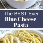 recipe image of blue cheese pasta heavy cream garlic onion butter walnuts mushrooms lemon spinach thyme parmesan gorgonzola pecans creme fraiche on a white marble kitchen counter with healthy clear glass bowls and rustic brown wooden kitchen sets under soft diffuse daylight