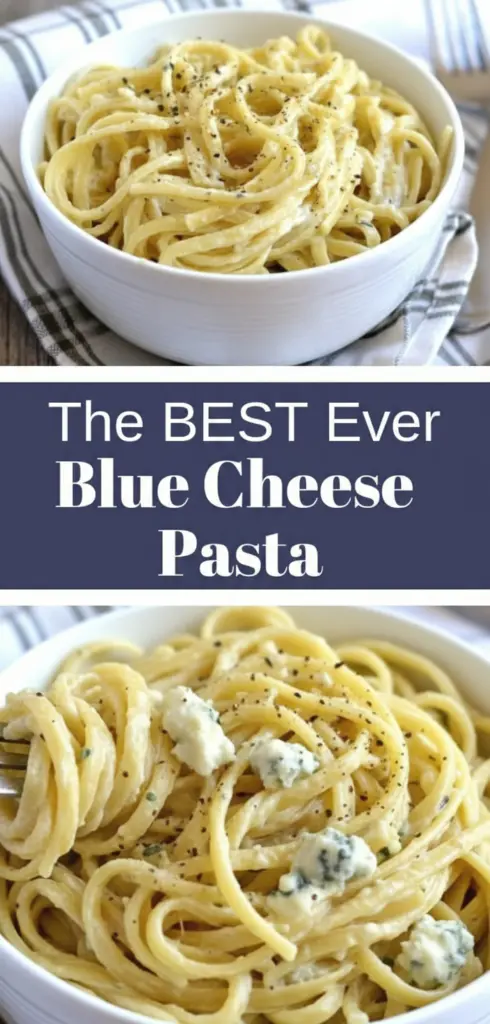 recipe image of blue cheese pasta heavy cream garlic onion butter walnuts mushrooms lemon spinach thyme parmesan gorgonzola pecans creme fraiche on a white marble kitchen counter with healthy clear glass bowls and rustic brown wooden kitchen sets under soft diffuse daylight