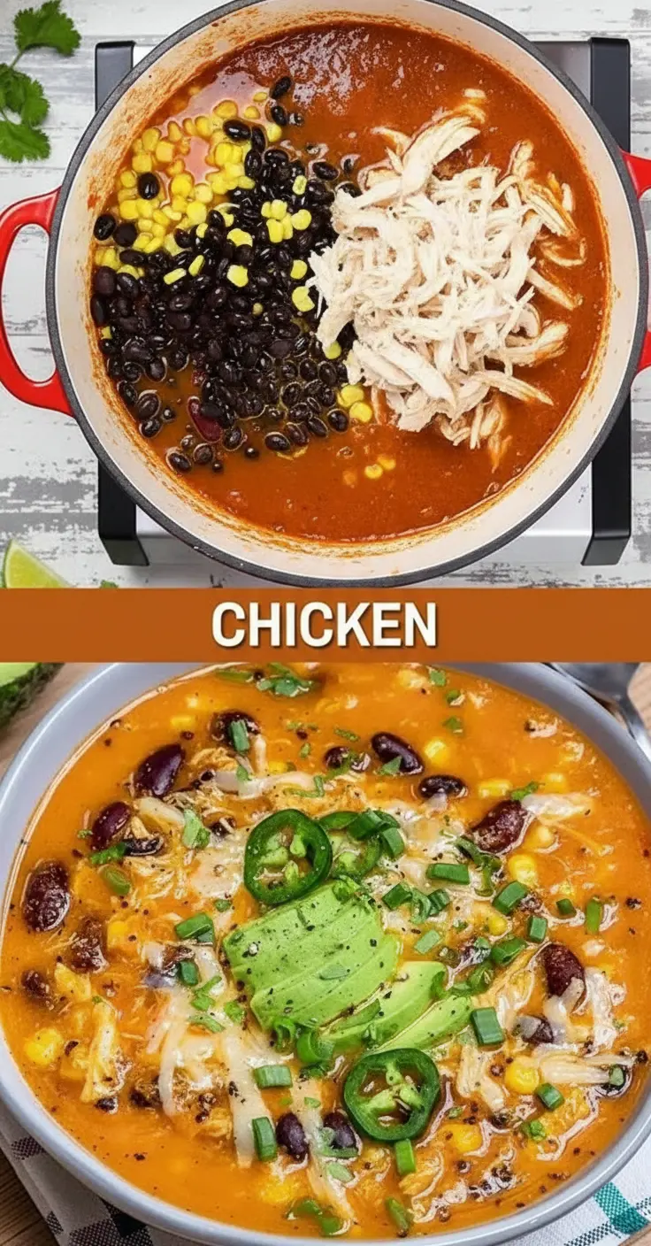 recipe image of realistic top down mise en place shot showing shredded chicken rotisserie chicken enchilada sauce cream cheese chicken broth black beans corn onion garlic bell pepper green chiles fire roasted tomatoes cheddar cheese heavy cream cumin chili powder smoked paprika oregano tortilla strips cilantro avocado sour cream lime on a white marble kitchen counter with healthy clear glass bowls and rustic brown wooden kitchen sets under soft diffuse daylight