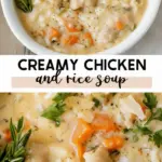 recipe image of chicken breast or thighs long grain white rice chicken broth stock heavy cream or half and half butter onion carrots celery garlic all purpose flour bay leaves salt and black pepper dried thyme dried oregano dried parsley italian seasoning fresh dill fresh lemon juice arranged on a white marble kitchen counter with healthy clear glass bowls and rustic brown wooden kitchen sets under soft diffuse daylight