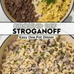 recipe image of a top down mise en place shot showing fresh ground beef mushrooms onion sour cream beef broth egg noodles garlic butter flour Worcestershire sauce Dijon mustard thyme paprika arranged on a white marble kitchen counter with healthy clear glass bowls and rustic brown wooden kitchen sets under soft diffuse daylight