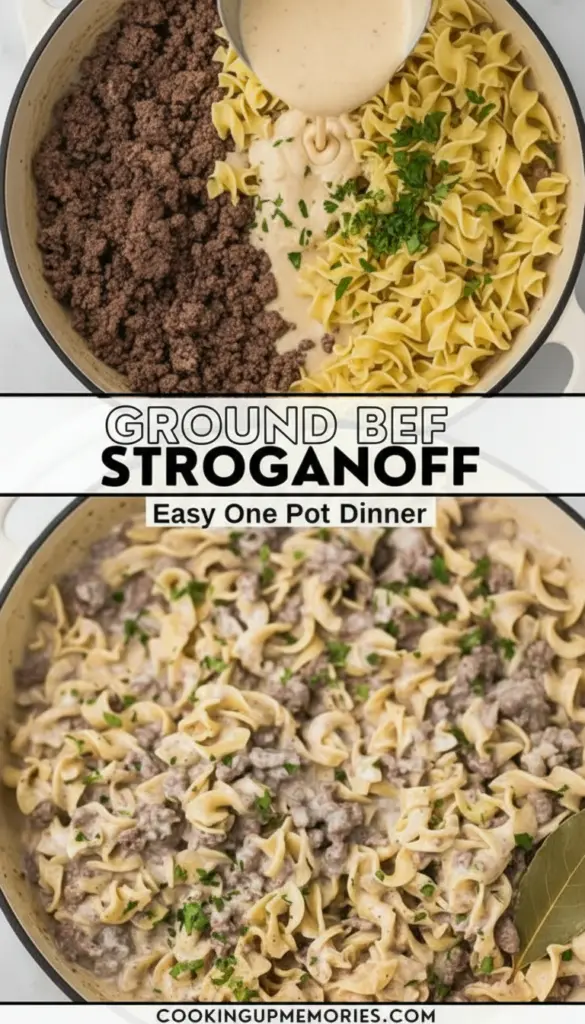 recipe image of a top down mise en place shot showing fresh ground beef mushrooms onion sour cream beef broth egg noodles garlic butter flour Worcestershire sauce Dijon mustard thyme paprika arranged on a white marble kitchen counter with healthy clear glass bowls and rustic brown wooden kitchen sets under soft diffuse daylight