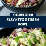 recipe image of realistic top down mise en place shot showing corned beef swiss cheese sauerkraut cabbage thousand island dressing avocado oil mayo pickles green onions arranged on a white marble kitchen counter with healthy clear glass bowls and rustic brown wooden kitchen sets under soft diffuse daylight