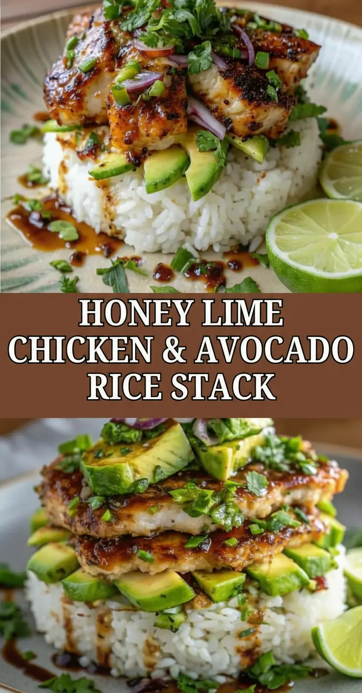 recipe image of boneless skinless chicken breasts honey lime juice and zest white or brown rice ripe avocados garlic cloves olive oil fresh cilantro salt and black pepper cumin chili powder smoked paprika soy sauce ginger red onion lime wedges for garnish jalapeño peppers corn kernels black beans cherry tomatoes red bell peppers sour cream or greek yogurt cotija cheese pico de gallo tortilla strips pickled onions sesame seeds