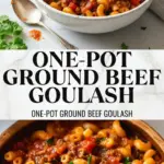 recipe image of realistic top down mise en place shot showing fresh ground beef elbow macaroni tomato sauce diced tomatoes onion garlic bell peppers beef broth Worcestershire sauce Italian seasoning paprika cheddar cheese corn green beans mushrooms arranged on a white marble kitchen counter with healthy clear glass bowls and rustic brown wooden kitchen sets under soft diffuse daylight