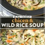 recipe image of chicken breasts wild rice chicken broth carrots celery onion garlic mushrooms frozen corn kale broccoli half and half evaporated milk brown rice blend turkey for creaminess on a white marble kitchen counter with clear glass bowls and rustic brown wooden kitchen sets under soft diffuse daylight