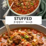 recipe image of a photo of fresh ingredients for stuffed pepper soup on a white marble kitchen counter with healthy clear glass bowls and rustic brown wooden kitchen sets under soft diffuse daylight featuring ground beef bell peppers onion garlic rice diced tomatoes tomato sauce puree beef chicken broth italian seasoning worcestershire sauce brown sugar cheese and parsley