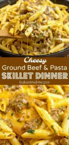 recipe image of realistic top down mise en place shot showing fresh ground beef pasta mozzarella cheese cheddar cheese beef broth onion garlic tomato sauce diced tomatoes tomato paste olive oil butter heavy cream sour cream parmesan cheese worcestershire sauce italian seasoning salt black pepper red pepper flakes garlic powder fresh parsley basil arranged on a white marble kitchen counter with healthy clear glass bowls and rustic brown wooden kitchen sets under soft diffuse daylight