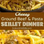 recipe image of realistic top down mise en place shot showing fresh ground beef pasta mozzarella cheese cheddar cheese beef broth onion garlic tomato sauce diced tomatoes tomato paste olive oil butter heavy cream sour cream parmesan cheese worcestershire sauce italian seasoning salt black pepper red pepper flakes garlic powder fresh parsley basil arranged on a white marble kitchen counter with healthy clear glass bowls and rustic brown wooden kitchen sets under soft diffuse daylight