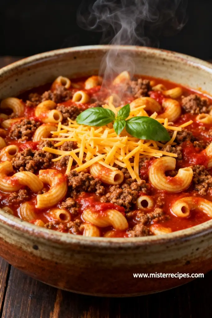 image of fresh ground beef elbow macaroni tomato sauce diced tomatoes onions garlic beef broth Worcestershire sauce shredded cheddar cheese arranged on white marble kitchen counter with clear glass bowls rustic brown wooden kitchen sets under soft diffuse daylight