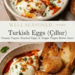 recipe image of a top down mise en place shot showing fresh eggs greek yogurt butter garlic parsley red pepper flakes lemon juice salt black pepper olive oil tomatoes onions fresh herbs spices cream cheese bread rice vegetables arranged on a white marble kitchen counter with healthy clear glass bowls and rustic brown wooden kitchen sets under soft diffuse daylight