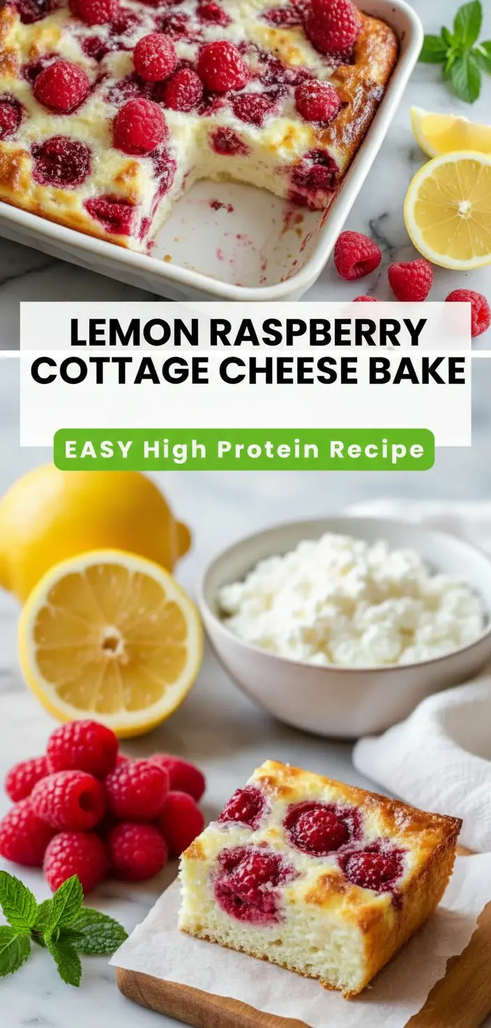recipe image of cottage cheese lemon juice lemon zest raspberries sugar substitute vanilla extract graham cracker crust cream cheese eggs flour baking powder salt butter sweetener cornstarch arranged on a white marble kitchen counter with healthy clear glass bowls and rustic brown wooden kitchen sets under soft diffuse daylight
