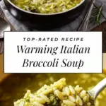 recipe image of broccoli parmesan cheese garlic onion vegetable broth cream barley cannellini beans olive oil thyme basil salt pepper butter milk arranged on a rustic wooden cutting board on a white marble kitchen counter with natural light