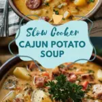 recipe image of a top down mise en place shot showing fresh ingredients potatoes chicken broth heavy cream cajun seasoning onion garlic bell peppers celery sausage bacon cheese thyme paprika cayenne pepper arranged on a white marble kitchen counter with healthy clear glass bowls and rustic brown wooden kitchen sets under soft diffuse daylight