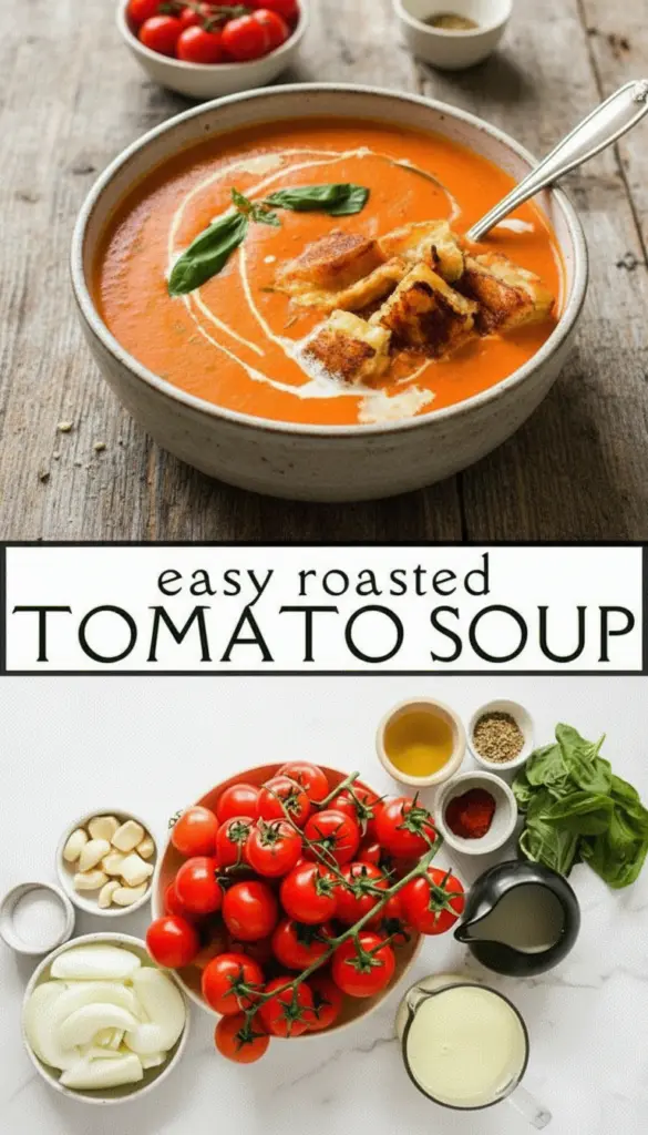 recipe image of tomatoes basil garlic onion olive oil salt pepper vegetable broth cream parmesan cheese thyme rosemary cumin paprika lemon juice butter arranged on a white marble kitchen counter with healthy clear glass bowls and rustic brown wooden kitchen sets under soft diffuse daylight