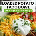 recipe image of potatoes ground beef chicken black beans cheese salsa guacamole sour cream lettuce tomatoes onions jalapeños corn rice taco seasoning cumin chili powder paprika arranged on a white marble counter in clear glass bowls with rustic brown wooden kitchen sets under soft diffuse daylight