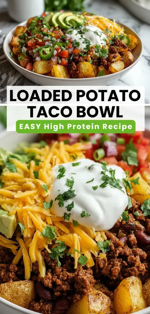 recipe image of potatoes ground beef chicken black beans cheese salsa guacamole sour cream lettuce tomatoes onions jalapeños corn rice taco seasoning cumin chili powder paprika arranged on a white marble counter in clear glass bowls with rustic brown wooden kitchen sets under soft diffuse daylight