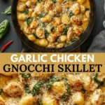 recipe image of a realistic top down mise en place shot showing fresh gnocchi chicken breast garlic heavy cream butter parmesan cheese olive oil salt pepper parsley lemon juice thyme rosemary onion mushrooms spinach bell peppers arranged on a white marble kitchen counter with healthy clear glass bowls and rustic brown wooden kitchen sets under soft diffuse daylight