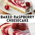 recipe image of a top down mise en place shot of cream cheese raspberries graham crackers butter sugar sour cream vanilla extract flour eggs lemon juice heavy cream powdered sugar salt cornstarch arranged on a white marble kitchen counter with healthy clear glass bowls and rustic brown wooden kitchen sets under soft diffuse daylight