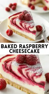 recipe image of a top down mise en place shot of cream cheese raspberries graham crackers butter sugar sour cream vanilla extract flour eggs lemon juice heavy cream powdered sugar salt cornstarch arranged on a white marble kitchen counter with healthy clear glass bowls and rustic brown wooden kitchen sets under soft diffuse daylight