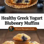 recipe image of a realistic top down mise en place shot showing greek yogurt blueberries eggs oats honey maple syrup almond flour coconut oil vanilla extract baking powder cinnamon chia seeds flax seeds protein powder arranged on a white marble kitchen counter with healthy clear glass bowls and rustic brown wooden kitchen sets under soft diffuse daylight