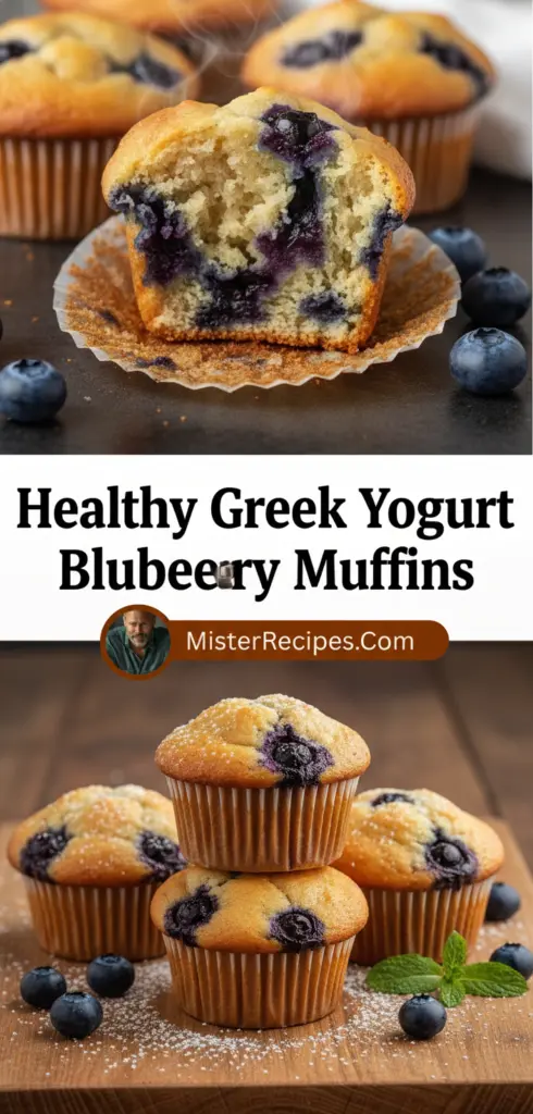 recipe image of a realistic top down mise en place shot showing greek yogurt blueberries eggs oats honey maple syrup almond flour coconut oil vanilla extract baking powder cinnamon chia seeds flax seeds protein powder arranged on a white marble kitchen counter with healthy clear glass bowls and rustic brown wooden kitchen sets under soft diffuse daylight